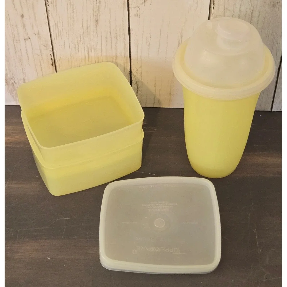 Vintage Tupperware Square Round Yellow Containers w/Lids 311-36 + Shaker 344-2